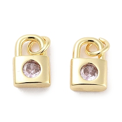 Pink Brass Micro Pave Cubic Zirconia Charms, with Jump Ring, Lock, Real 18K Gold Plated, Pink, 9x5.5x2.5mm, Hole: 1.6mm