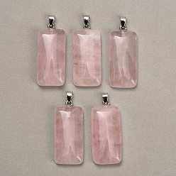 Quartz Rose Naturel a augmenté pendentifs en quartz, charme rectangle, avec 304 mousqueton en acier inoxydable sur les balles, couleur inox, 44~45x19~20x8~9mm, Trou: 7.5x4mm