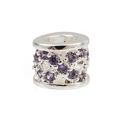 Серебро Стойка колонны покрытие латунь кубический цирконий европейские бусины, бусины с большим отверстием, долговечный, серебряные, 7x5.5 мм, отверстие : 4 мм