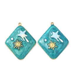 Темно-бирюзовый 304 подвески из нержавеющей стали, ромб с звездой, с эмалью и абс пластика имитация жемчуга, реальный 18 k позолоченный, темные бирюзовый, 27.5x22x4.5 мм, отверстие : 1.5 мм