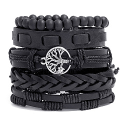 Black 5Pcs 5 Style PU Leather Cord Bracelets Set, Tree of Life Alloy Links & Wood Beaded Stackable Bracelets, Black, Inner Diameter: 2-1/2 inch(6.5cm), 1Pc/style