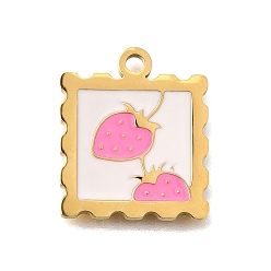 Клубника 304 подвески из нержавеющей стали, с эмалью, квадрат с фруктами, золотые, клубника, 20x16.5x1.5 мм, отверстие : 2 мм