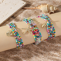 Разноцветный 3шт. браслеты с подвесками из сплава, многорядные браслеты из стеклянных бусин для женщин, золотые, красочный, 2-1/8~3 дюйм (5.5~7.5 см)