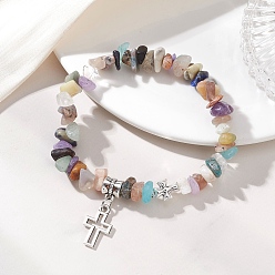 Античное Серебро Браслеты из сплава с подвесками в виде креста, Эластичные браслеты из натуральных и синтетических бусин с добавлением драгоценных камней для женщин., античное серебро, внутренний диаметр: 2.17 дюйм (5.5 см)