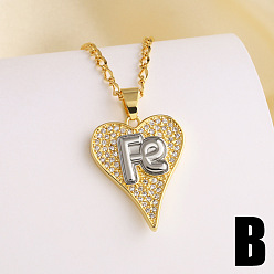 Letter Подвеска в виде сердца из латуни с микропаве из прозрачных кубических цирконий, двухцветная., реальный 18 k позолоченный, буква фе, 17.32 дюйм (44 см)