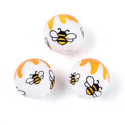 Bees Печатные непрозрачные акриловые бусины, круглые, AB цвет, Пчелы, 15.9 мм, отверстие : 2.8 мм