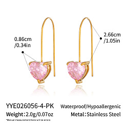 Pink 304 Подвесные серьги-сердечки из нержавеющей стали с инкрустацией кубическим цирконием для женщин, реальный 18 k позолоченный, розовые, 26.6x8.6 мм