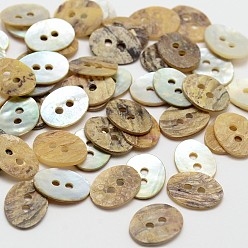 Camel 2-Hole Oval Mother of Pearl Buttons, Akoya Shell Button, Camel, 15x11x1mm, Hole: 1.5mm, about 720pcs/bag