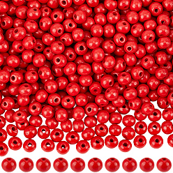 Roja Cuentas redondas de madera de schima natural pintadas con aerosol, rojo, 8~8.5x6.8 mm, agujero: 1.8~2 mm, 600 PC / sistema