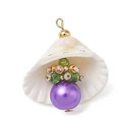 Средняя Орхидея Подвески из натуральных ракушек и круглого стекла, подвески в форме ракушки с железными петлями, золотые, средне орхидеи, 32x27~30x17 мм, отверстие : 2.5 мм