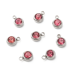 Rose 201 Stainless Steel Rhinestone Charms, October Birthstone Charms, Flat Round, Stainless Steel Color, Rose, 8.5x6x3mm, Hole: 1.5mm