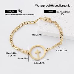 Cross Religion 304 Stainless Steel Link Bracelets for Women, Golden, Cross, 7.09 inch(18cm)