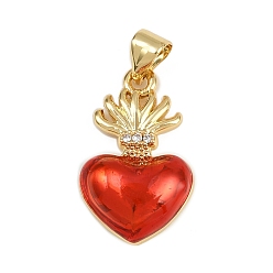 Красный Латунные микропаве прозрачные подвески с фианитом, сердце, с эмалью, без кадмия и без свинца, реальный 18 k позолоченный, красные, 21x13x5 мм, отверстие : 3x3.5 мм