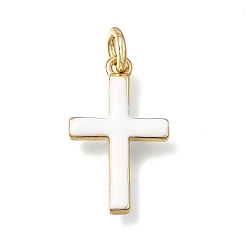 White Brass Enamel Pendants, Cross Charms, Cadmium Free & Lead Free, Rack Plating, Long-Lasting Plated, Real 18K Gold Plated, White, 19x11.5x2.5mm, Hole: 3mm