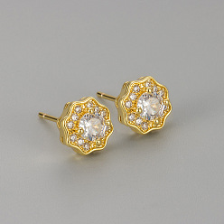 Прозрачный Серьги-гвоздики из латуни с прозрачными кубическими циркониями ко Дню святого Валентина, цветок, золотые, прозрачные, 8x8 мм