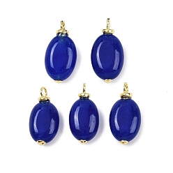 Синий Крашеные натуральный белый нефрит подвески, овальные подвески с латунной фурнитурой, реальный 18 k позолоченный, без кадмия и без свинца, стойки покрытие, долговечный, синие, 19.5x10.5x5 мм, отверстие : 2.5 мм