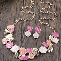 Ярко-Розовый Комплекты из плоских круглых, овальных и квадратных ожерелий и серег-гвоздиков из цинкового сплава с эмалью, ярко-розовый, 420 мм