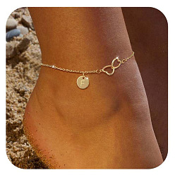 Letter F Латунные двойные сердечки плоские круглые инициалы браслеты на ногу для женщин, золотые, Буква F, 9-1/8 дюйм (230 мм)