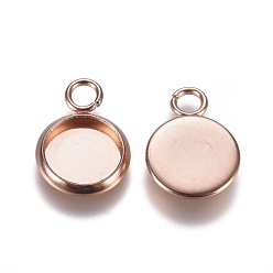 Rose Gold 201 Stainless Steel Pendant Cabochon Settings, Plain Edge Bezel Cups, Flat Round, Rose Gold, Tray: 8mm, 13.5x10x1.5mm, Hole: 2mm