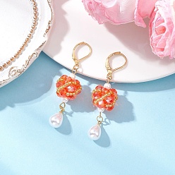 Оранжевый Стеклянные серьги-капли с застежкой-рычагом, золотые, оранжевые, 57.5x15.5 мм