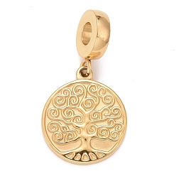 Golden 304 Stainless Steel European Dangle Charms, Large Hole Pendants, Flat Round with Tree, Golden, 28mm, Hole: 4.5mm, Flat Round: 17.5x15x2mm