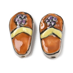 Chocolate Handmade Porcelain Beads, Hand Painted, Famille Rose Porcelain, Slipper with Flower, Chocolate, 22x12.5x7mm, Hole: 1.8mm