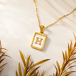 Letter H Прямоугольник 304 ожерелья с инициалами из нержавеющей стали с натуральным белым ракушечником для женщин, реальный 18 k позолоченный, Письмо ч, 15.75 дюйм (40 см)