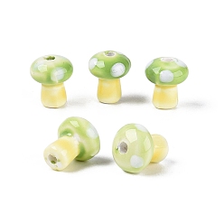 Pale Green Handmade Porcelain Beads, Hand Painted Ceramic Beads, Mushroom, Famille Rose Porcelain, Pale Green, 11.5~12.5x10~10.5mm, Hole: 1.6~2mm