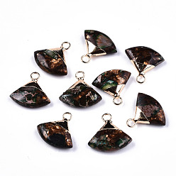 Pale Green Fan Assembled Synthetic Bronzite and Regalite/Imperial Jasper Pendants, with Iron Loop and Light Gold Plated Brass Top, Dyed, Pale Green, 18~19x18~19x5~6mm, Hole: 2mm