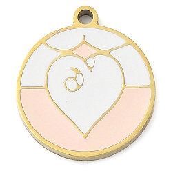 Розовый 304 подвески из нержавеющей стали, с эмалью, плоский круглый с подвеской в виде сердца, золотые, туманная роза, 17x15x1.7 мм, отверстие : 1.4 мм