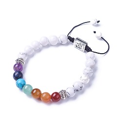 Говлит Чакра ювелирные изделия, браслеты из бисера натурального и синтетического смешанного камня, с естественным Howlite, Результаты сплава и нейлоновый шнур, прямоугольник с символом ом, 2 дюйм ~ 3 дюйм (5.2~7.6 см)