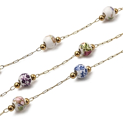 Разноцветный Ручная работа 304 круглые звенья цепочек из нержавеющей стали с фарфоровыми бусинами и цветочным узором, пайки, с 316 цепями и катушкой из нержавеющей стали, ионное покрытие (ip), реальный 18 k позолоченный, красочный, бусины : 10x6~7 мм