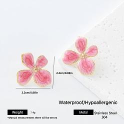 Hot Pink 304 Stainless Steel Enamel Stud Earrings for Women, Golden, Hot Pink, 22x22mm