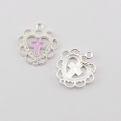 Pearl Pink Alloy Enamel Pendants, Silver, Heart with Cross, Pearl Pink, 21x20x2mm