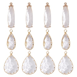Прозрачный 12шт 3 стили латунные стеклянные подвески, граненые, слеза, реальный 18 k позолоченный, прозрачные, 24~32x8~18.5x4~7 мм, отверстие : 1.2~2 мм, 4 шт / стиль