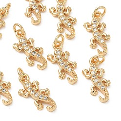Real 18K Gold Plated SHEGRACE Brass Micro Pave Cubic Zirconia Pendants, Cadmium Free & Nickel Free & Lead Free, Gecko Charms, Clear, Real 18K Gold Plated, 14.5x6.5x2.5mm, Hole: 2.5mm