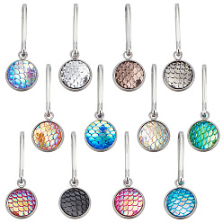 Mixed Color 12Pcs 12 Colors Mermaid Scale Alloy Resin Zipper Pulls Charms, Zipper Replacemnt Accessories, for Suitcase, Bag, Flat Round, Mixed Color, 38mm, 1pc/color