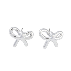 Platinum Bowknot CCB Plastic Stud Earrings for Women, with 304 Stainless Steel Pin, Platinum, 17x20mm