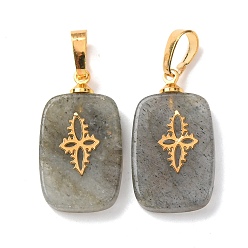 Лабрадорита Природные подвески лабрадорита, с латунной фурнитурой и 304 кабошонами из нержавеющей стали, золотые, прямоугольник с цветочным узором подвески, 23~23.5x13~13.5x3.5~4 мм, отверстие : 7.5x4 мм