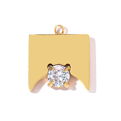 Настоящее золото 18K Подвески из кубического циркония из нержавеющей стали, ионное покрытие (ip), прямоугольник амулеты, прозрачные, зеркальная полировка, реальный 18 k позолоченный, 15x14 мм, отверстие : 1.4 мм