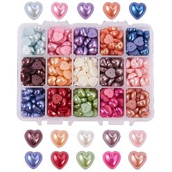 Mixed Color Acrylic Pearl Cabochons, Dyed, Heart, Mixed Color, 9~9.5x9~9.5x5mm, about 35pcs/color, 525pcs/box, packaging box: 14x10.8x3cm