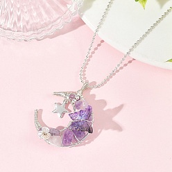 Amethyst Natural Amethyst Wire Wrapped Moon with Acrylic Butterfly Pendant 304 Stainless Steel Ball Chain Necklaces, Silver Color Plated, 17.72 inch(45cm)