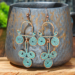 Антично-бронзовый и Голубо-патиновый Полые серьги-подвески из сплава в этническом стиле, плоско-круглые, античная бронза и синяя патина, 80x28 мм