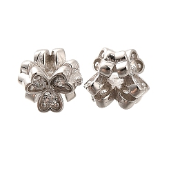 Платинированный 925 бусины из стерлингового серебра с микропаве, прозрачные бусины из кубического циркония, клевер, Реальная платина, 4.5x5.5x5.5 мм, отверстие : 1.2 мм