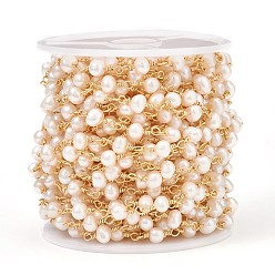 Настоящее золото 18K Латунная цепочка из бисера ручной работы, с натуральным пресноводным жемчугом, долговечный, несварные, с катушкой, круглые, реальный 18 k позолоченный, ссылка: 13x5~6x5~6 mm, около 32.8 футов (10 м) / рулон