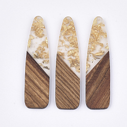 Золотистый Большие подвески из смолы и ореха, золотой фольгой, пуля, золотые, 66~66.5x17x3~3.5 мм, отверстие : 1.6 мм