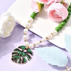 Зеленый лайм Ожерелья из круглых бусин из листового сплава с эмалью, окрашенной синтетической бирюзой и пластиковым жемчугом для женщин, золотые, зеленый лайм, 17.13 дюйм (43.5 см)