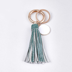 Dark Cyan PU Leather Tassel Keychain, with Alloy Enamel Pendants, Iron Key Rings and Alloy Spring Gate Rings, Light Gold, Dark Cyan, 121~128mm