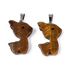 Тигровый глаз Природных тигровый глаз подвески, подвески в виде рождественских оленей с дужками из нержавеющей стали, цвет нержавеющей стали, 33x22x6~7 мм, отверстие : 3~4x7.5~8 мм