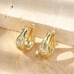 Настоящее золото 18K Серьги-кольца из латуни с микропаве из прозрачных кубических цирконий в форме капли, без свинца и без кадмия, долговечный, реальный 18 k позолоченный, 14x12.5x5.5 мм